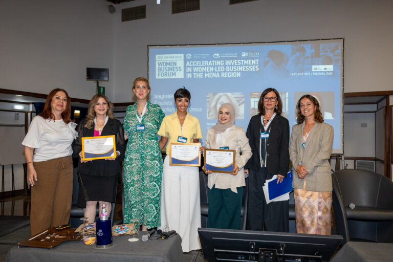 Thelal Al-Shamaileh (third from the right) at the InspireHer Award ceremony on the sidelines of the UfM-UAB-OECD Women Business Forum (Palermo, Italy – 17 July 2025).